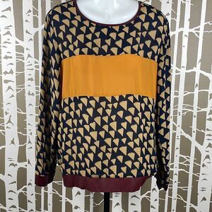THML Abstract Geometric Printed Faux Leather Trim Blouse L